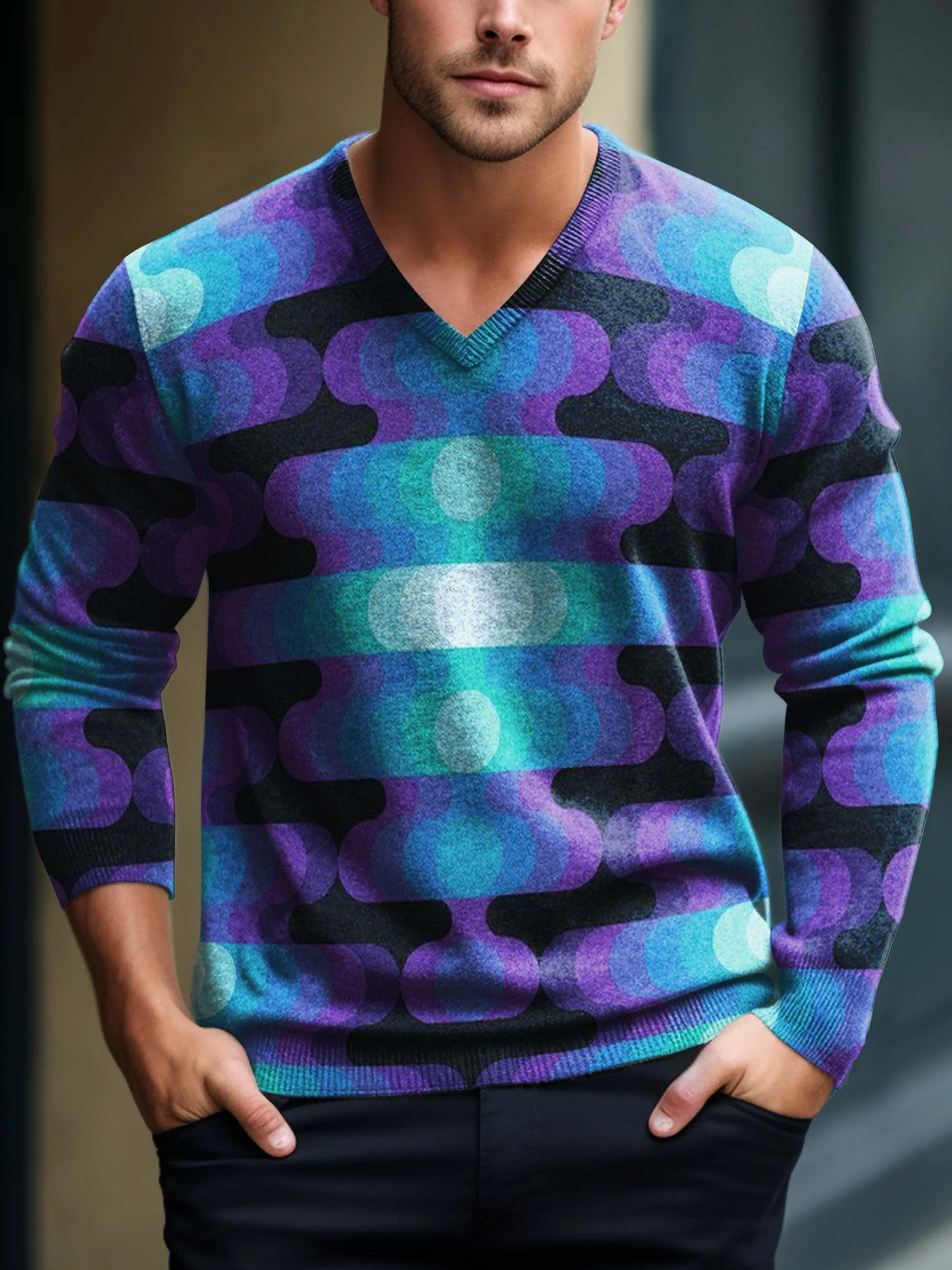 Men's V-neck Lnit long-sleeved sweater 