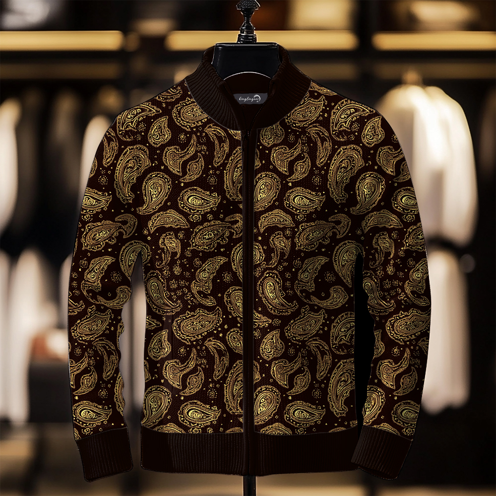 TomsloverMen's Paisley Knit Jacket Stand Collar Zipper Sweatshirt