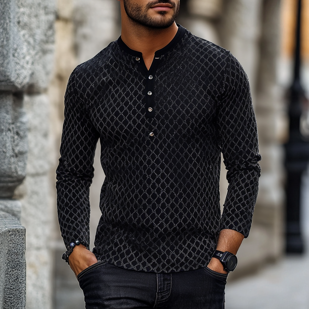 Geometric Check Henley Shirts Long Sleeve 