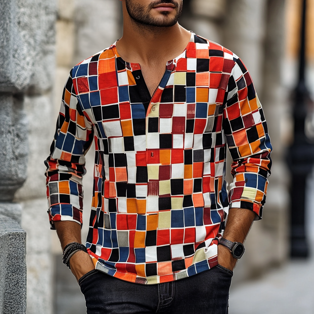 Geometric Panel Henley Shirts Long Sleeve