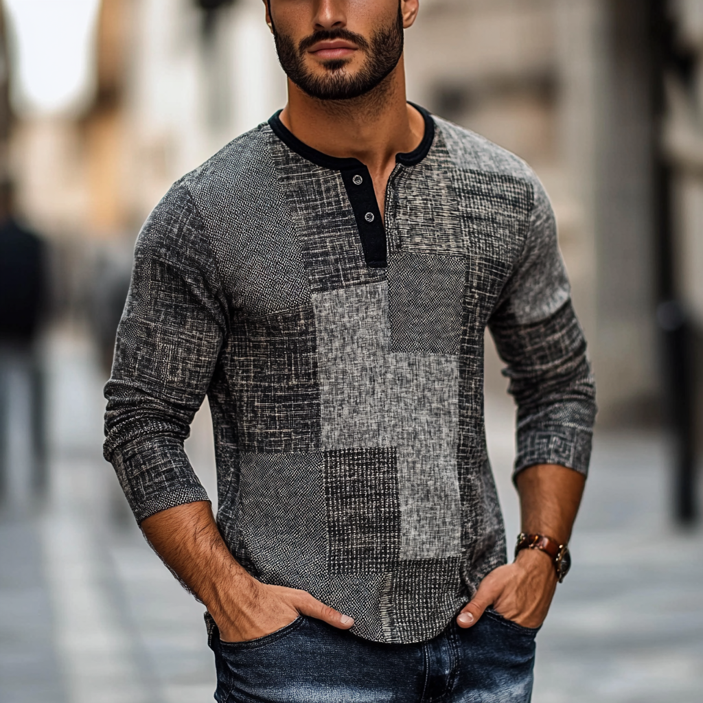 Geometric Panel Henley Shirts Long Sleeve