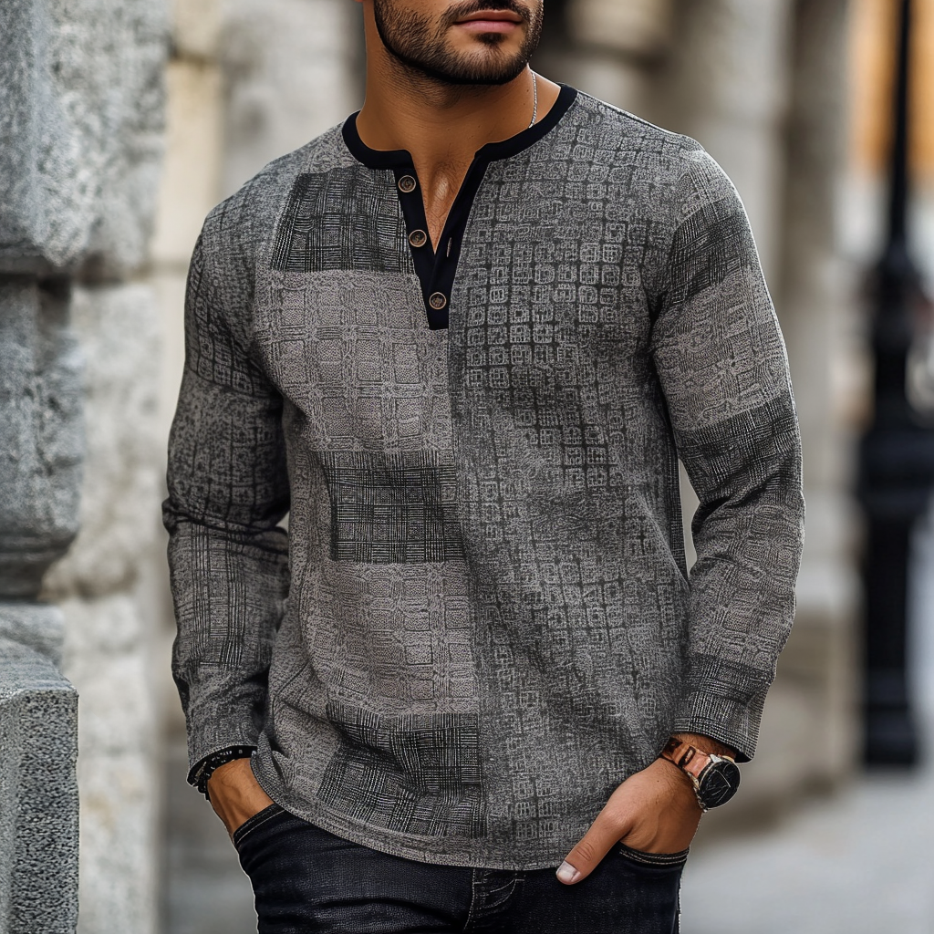 Geometric Panel Henley Shirts Long Sleeve