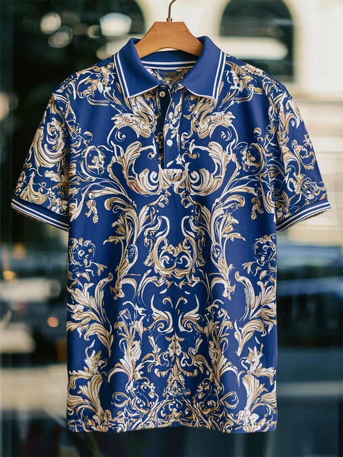 Men's Business Luxury Baroque Art Button Short Sleeve Polo Shirt