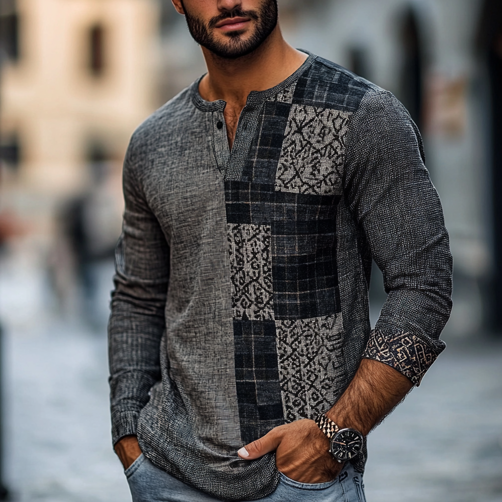 Geometric Panel Henley Shirts Long Sleeve