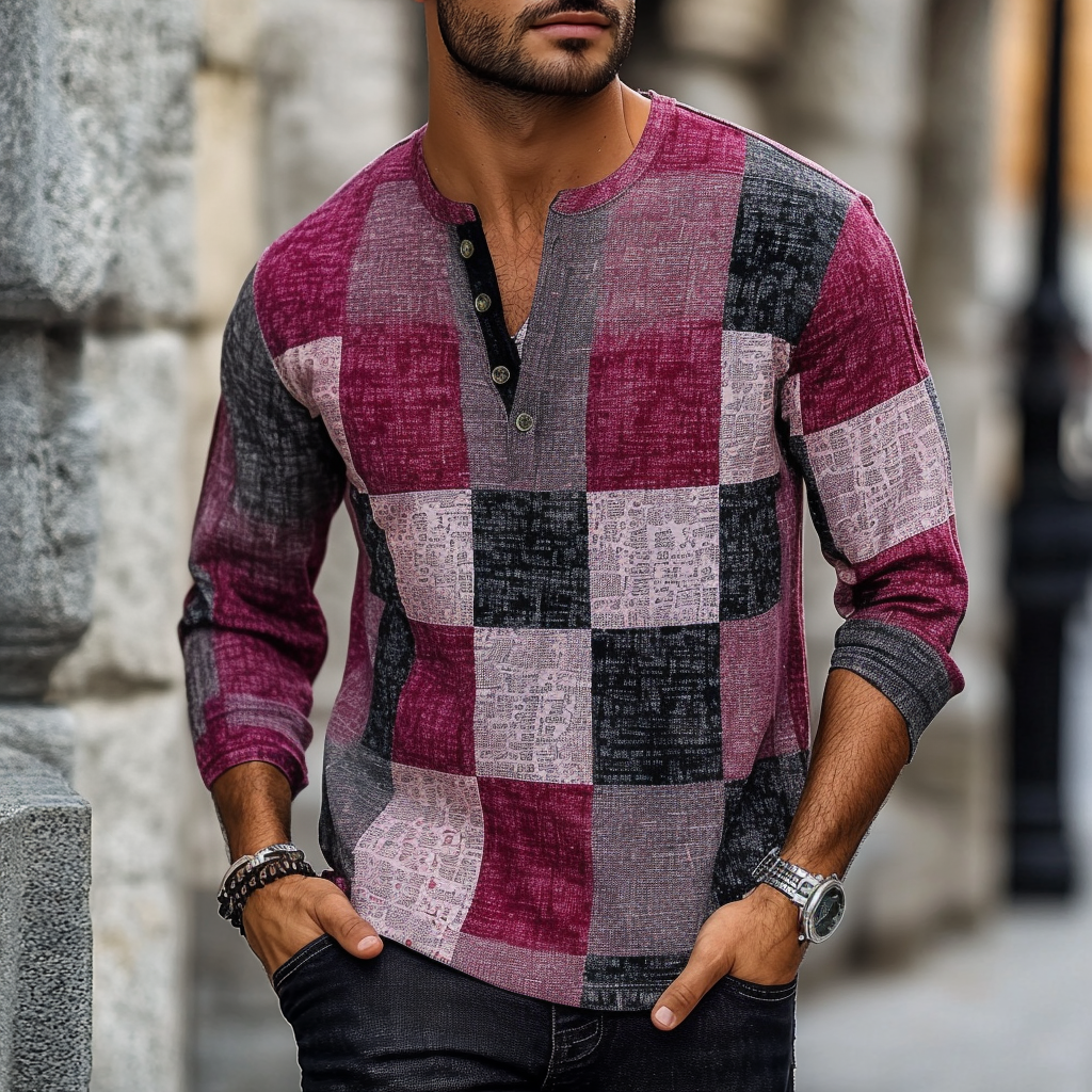 Geometric Panel Henley Shirts Long Sleeve