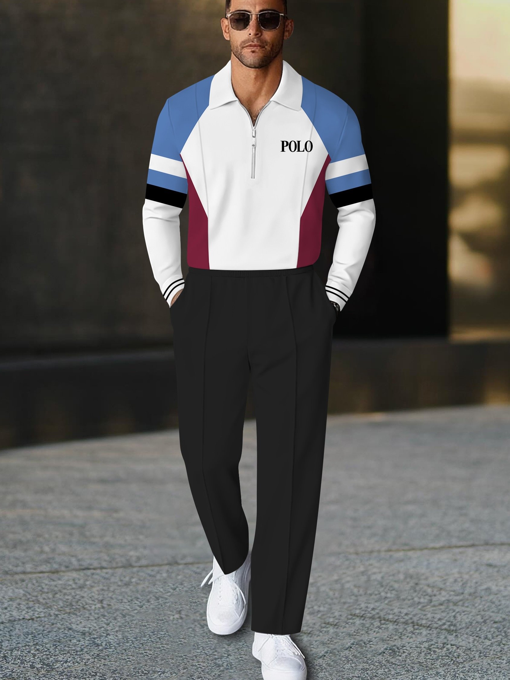 Men's casual  geometric print zipper long-sleeved two-piece set