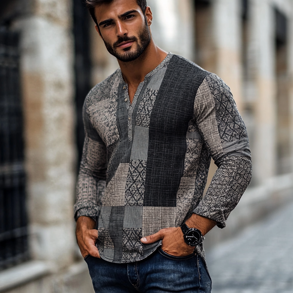 Geometric Panel Henley Shirts Long Sleeve