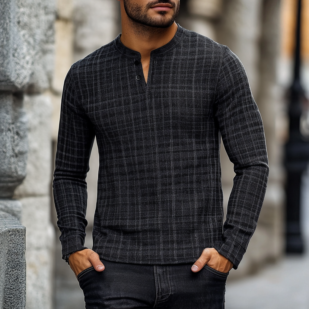 Geometric Check Henley Shirts Long Sleeve 