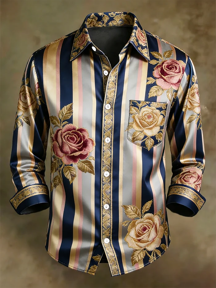 Self-designed business casual shirt Men's Satin Luxe Floral Print Long Sleeve Button-Down Shirt