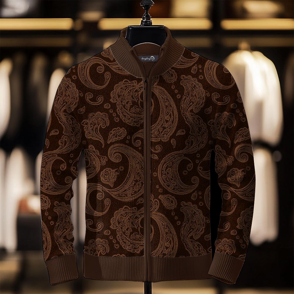 TomsloverMen's Paisley Knit Jacket Stand Collar Zipper Sweatshirt