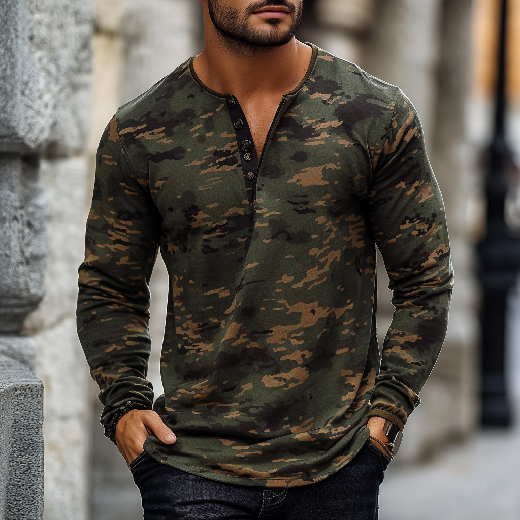 Military style camouflage Long Sleeve Henley