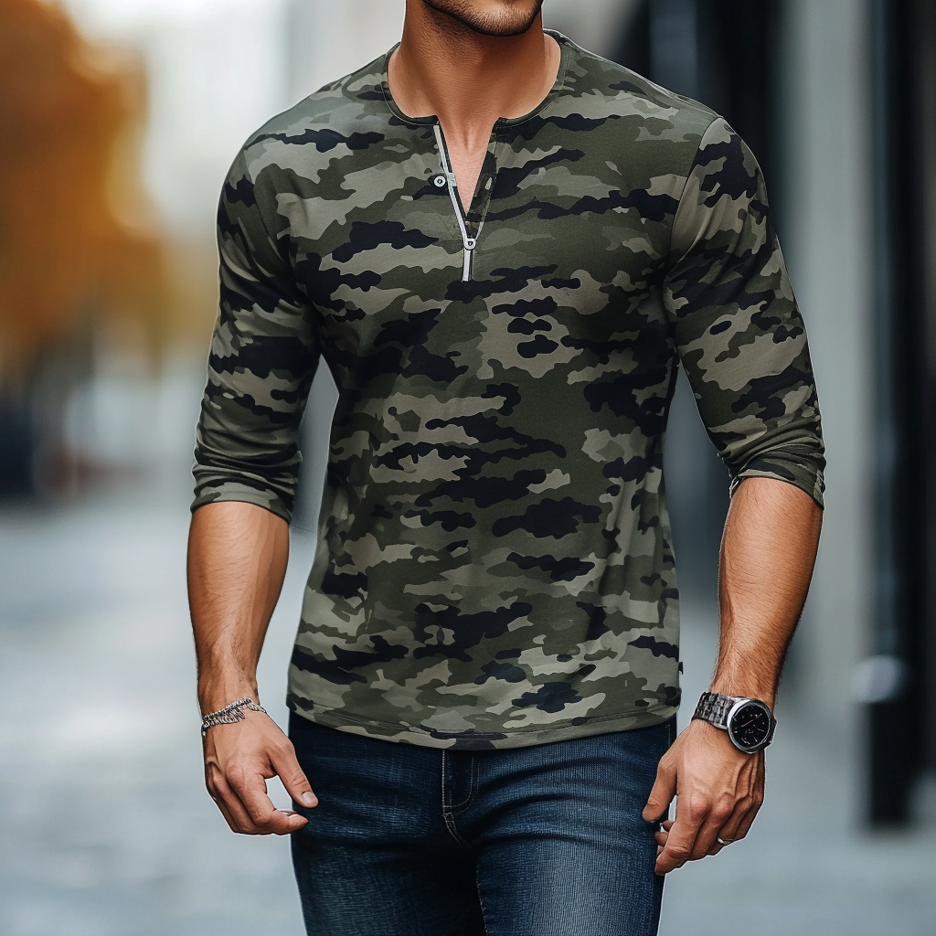 Military style camouflage Long Sleeve Henley