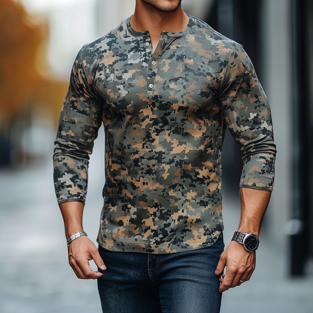 Military style camouflage Long Sleeve Henley