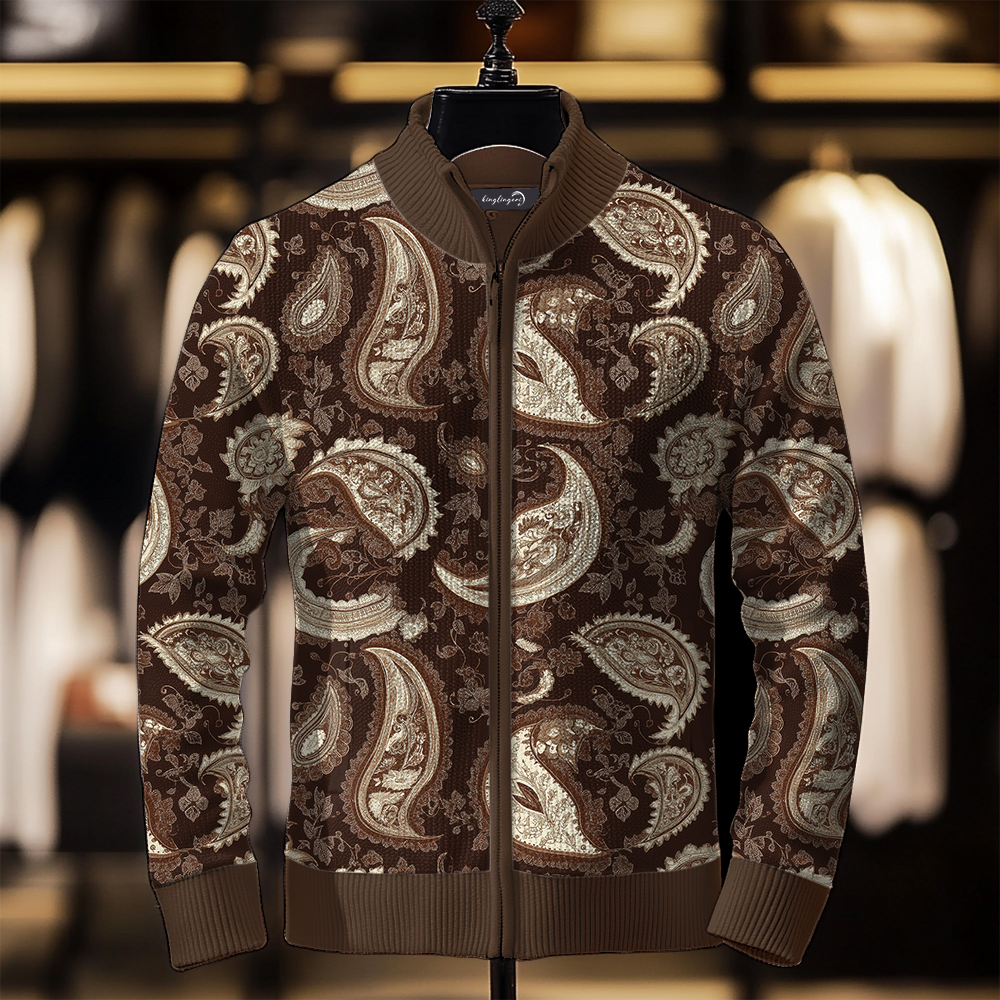 TomsloverMen's Paisley Knit Jacket Stand Collar Zipper Sweatshirt