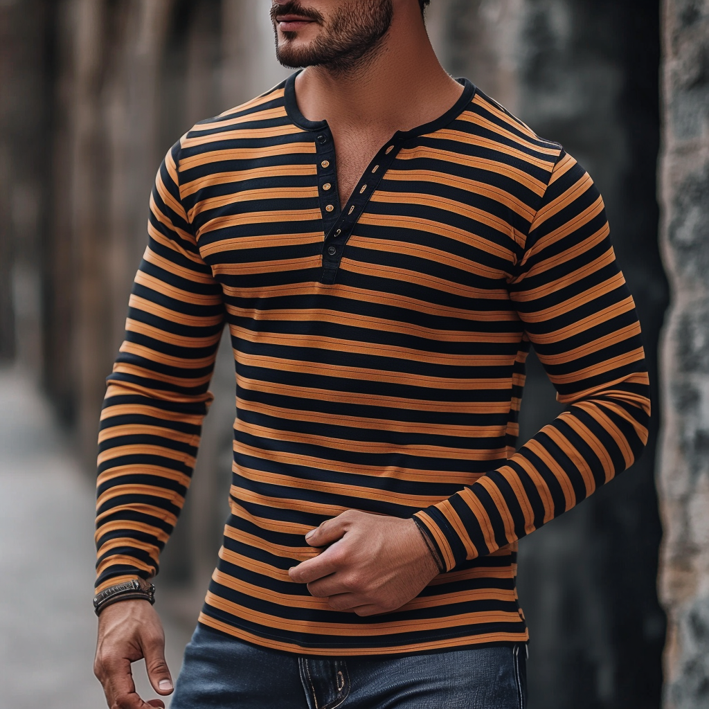 Men's Casual Striped Henley Long Sleeve