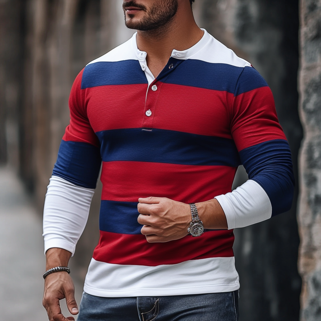 Men's Casual Striped Henley Long Sleeve