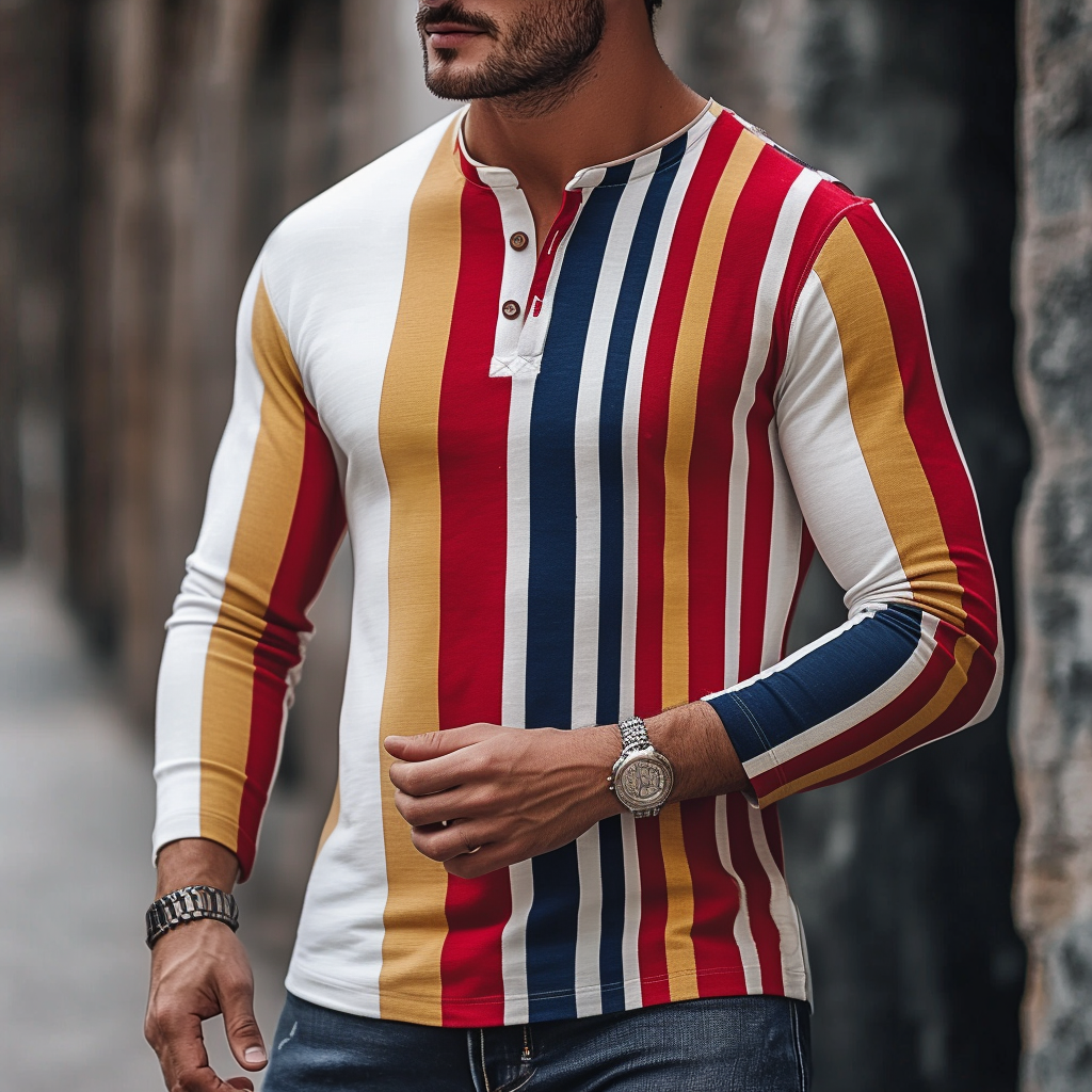 Men's Casual Striped Henley Long Sleeve