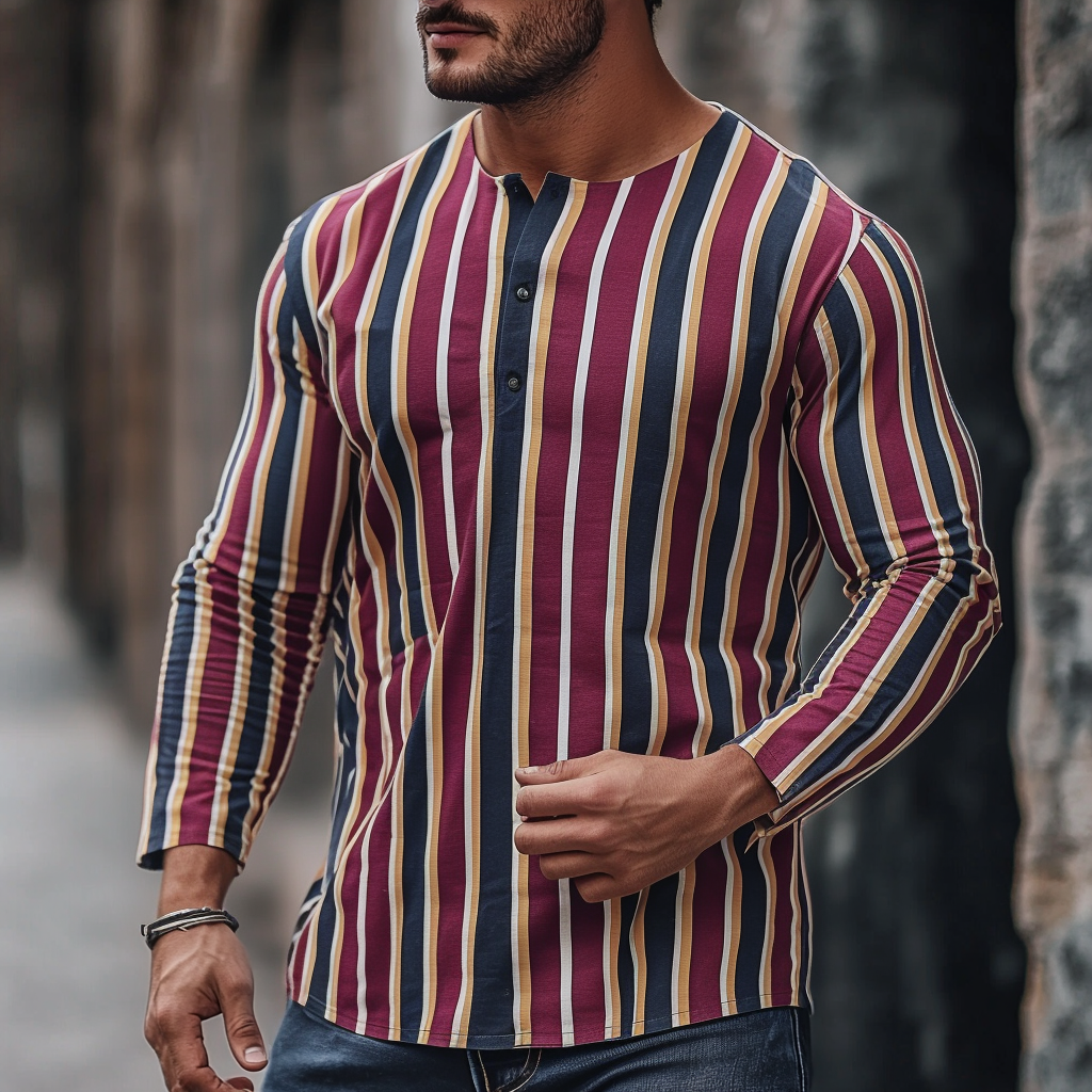 Men's Casual Striped Henley Long Sleeve
