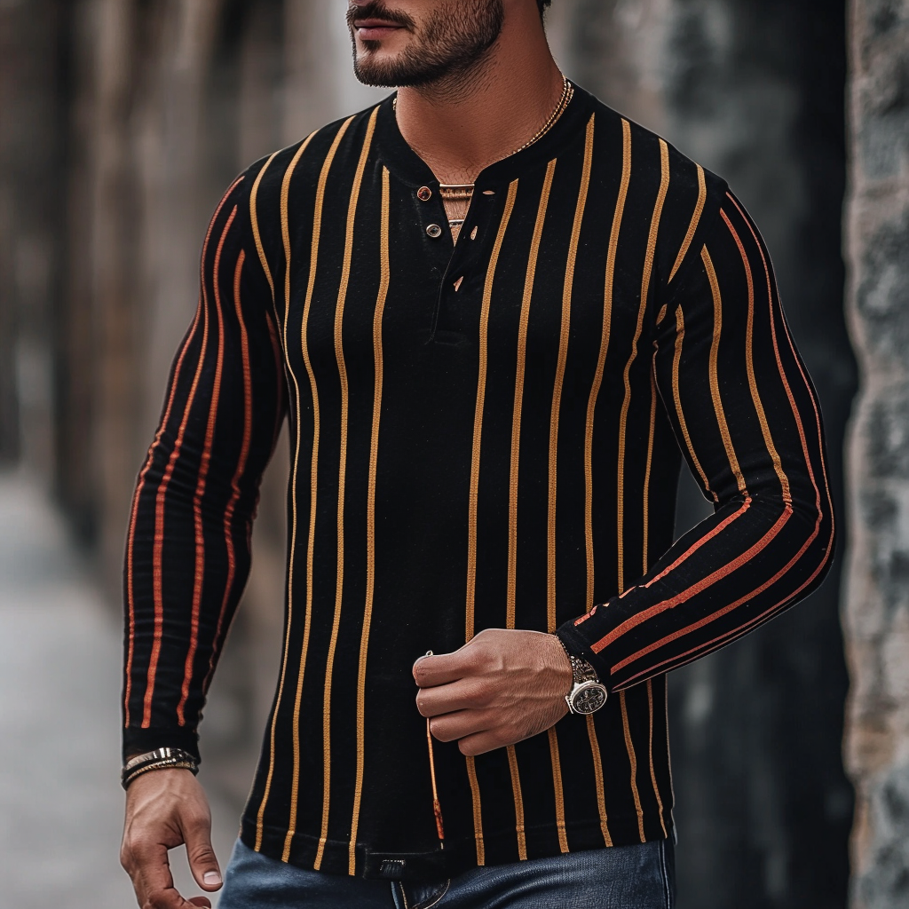 Men's Casual Striped Henley Long Sleeve