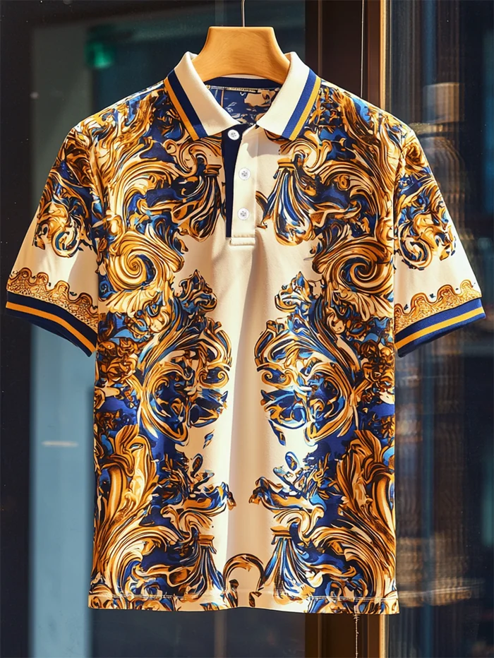 Men's Business Luxury Baroque Art Button Short Sleeve Polo Shirt