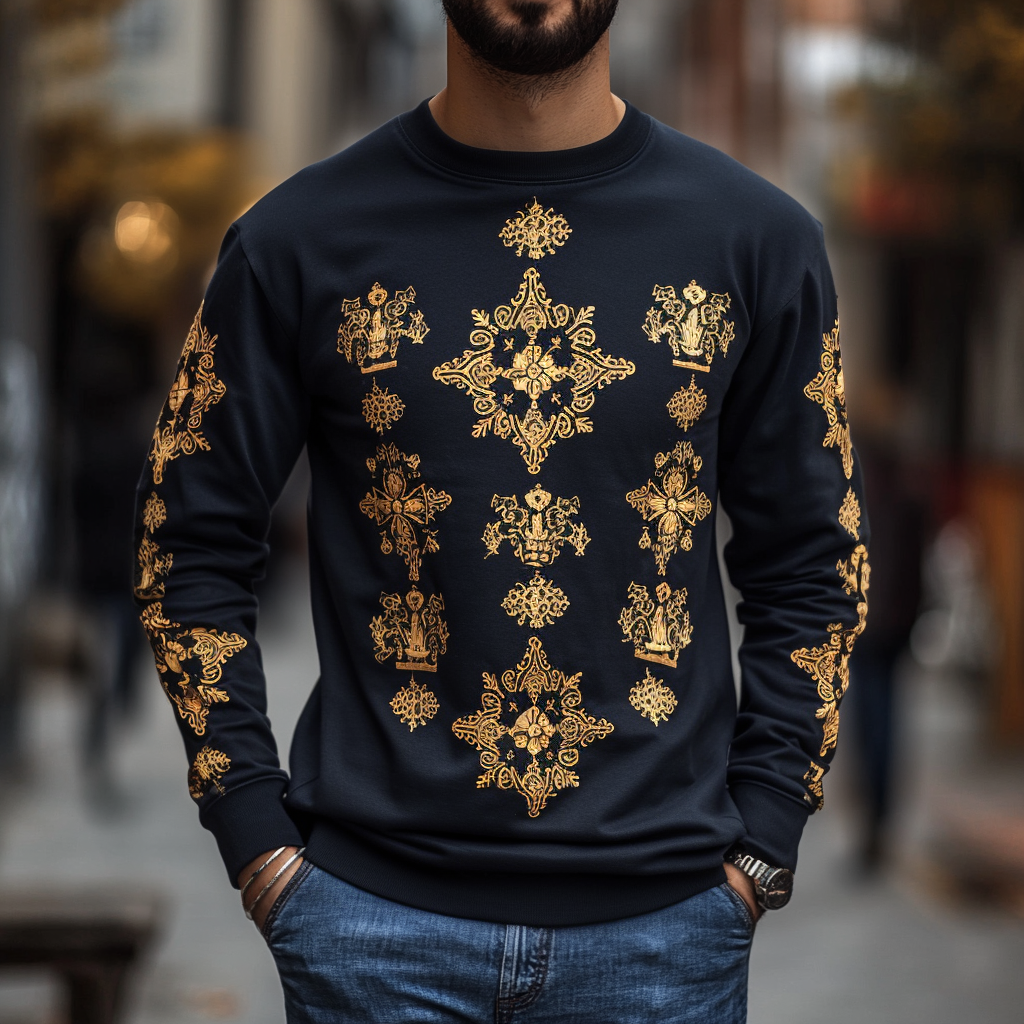 Men's Home Fashion Printed Pullover Long Sleeve Casual Tee
