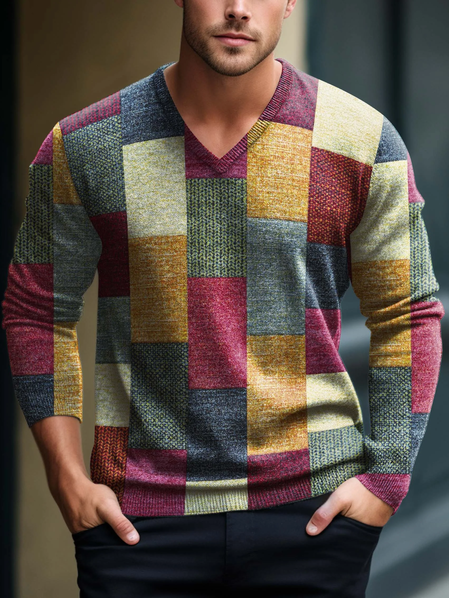 Men's V-neck Lnit long-sleeved sweater 