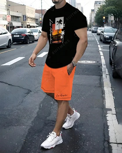 Men's tee set round neck short-sleeved shorts sports set two-piece set