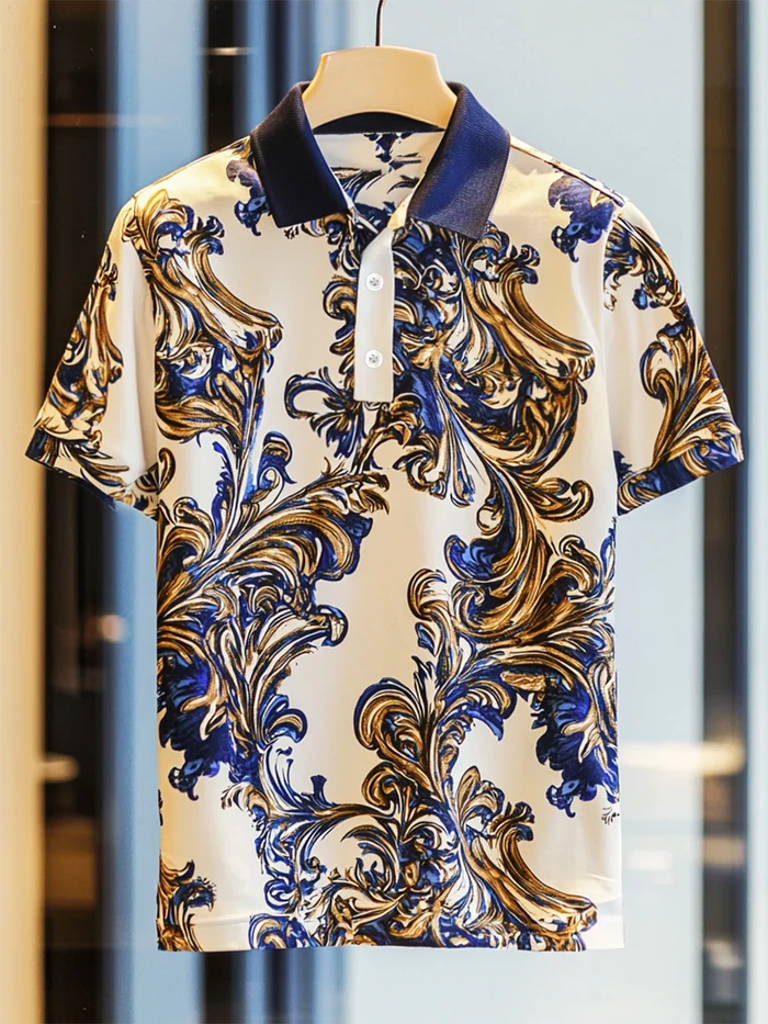 Men's Business Luxury Baroque Art Button Short Sleeve Polo Shirt