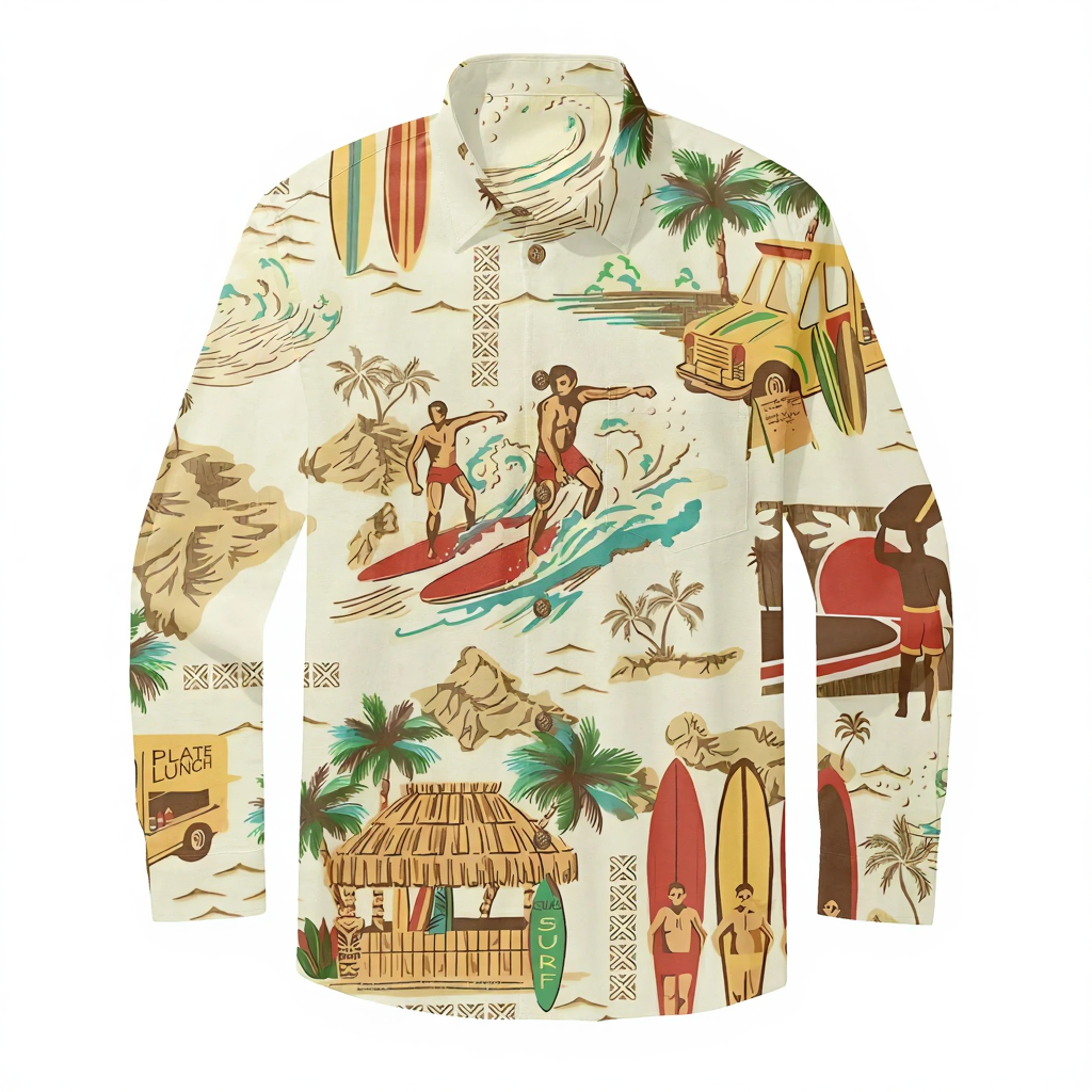 Men's Vintage Print Casual Fashion Button Long Sleeve Shirt