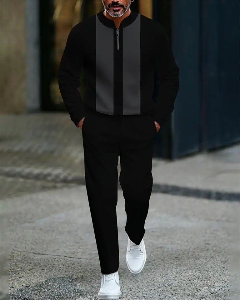 Men's casual  geometric print zipper long-sleeved two-piece set