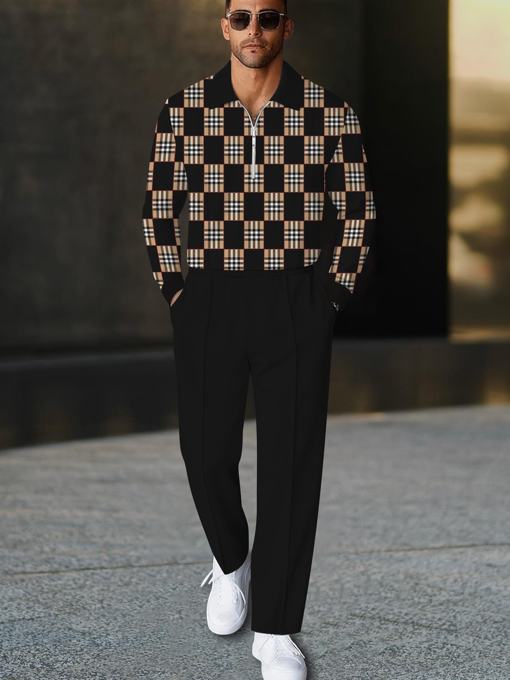 Men's casual  geometric print zipper long-sleeved two-piece set