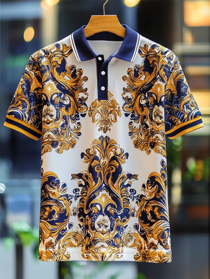Men's Business Luxury Baroque Art Button Short Sleeve Polo Shirt