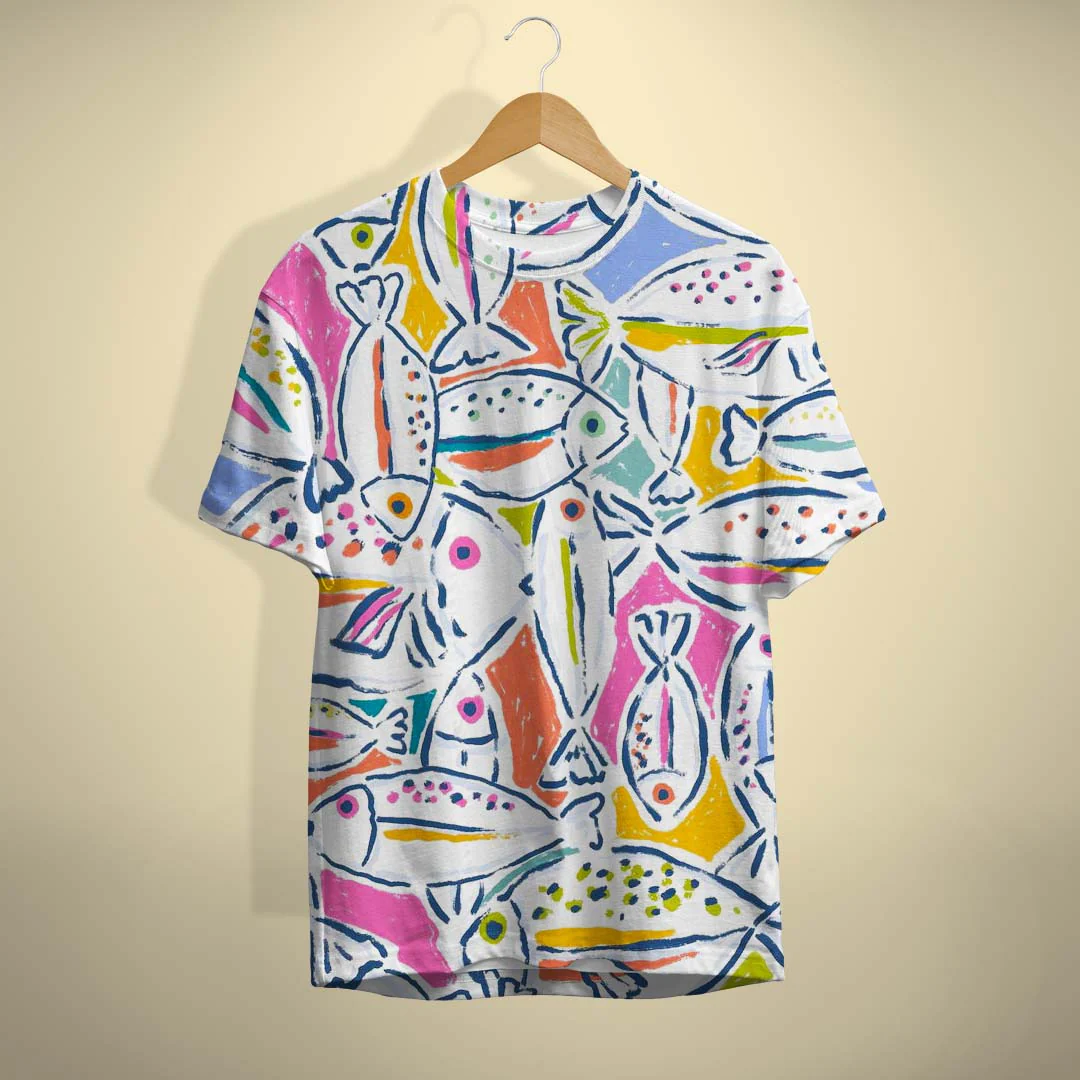 Men's casual short-sleeved pullover colorful fish Printed Tee shirt