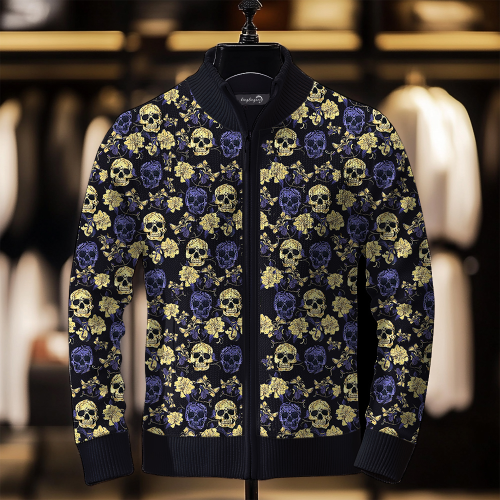 TomsloverPrinted Knit Jacket Stand Collar Zipper Sweatshirt