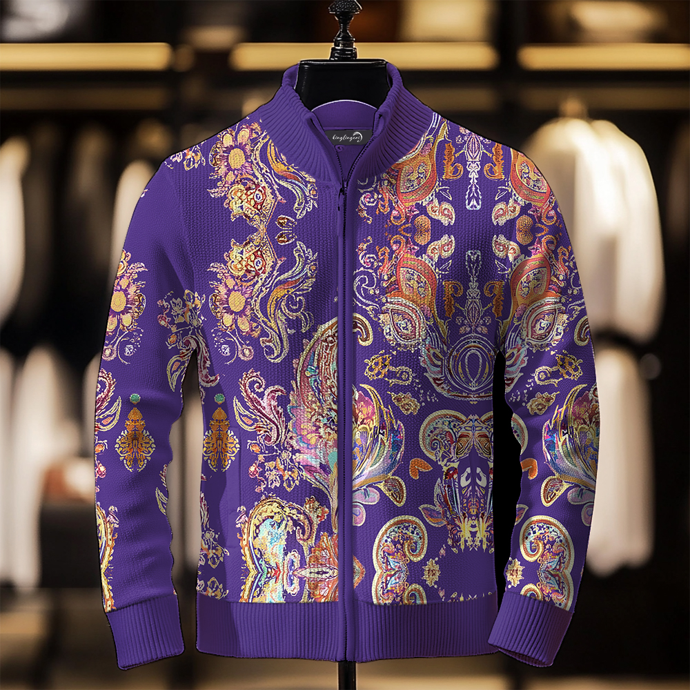 TomsloverPrinted Knit Jacket Stand Collar Zipper Sweatshirt