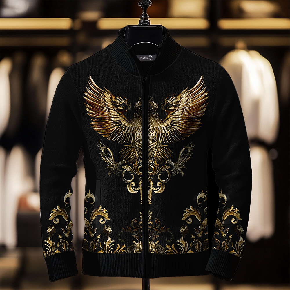 TomsloverPrinted Knit Jacket Stand Collar Zipper Sweatshirt