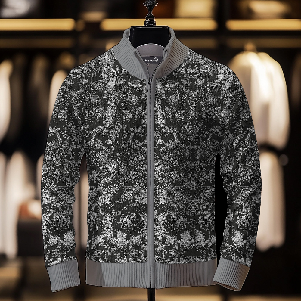 TomsloverPrinted Knit Jacket Stand Collar Zipper Sweatshirt