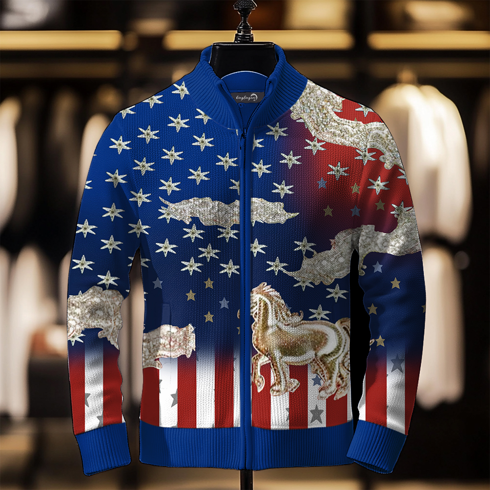 TomsloverPrinted Knit Jacket Stand Collar Zipper Sweatshirt