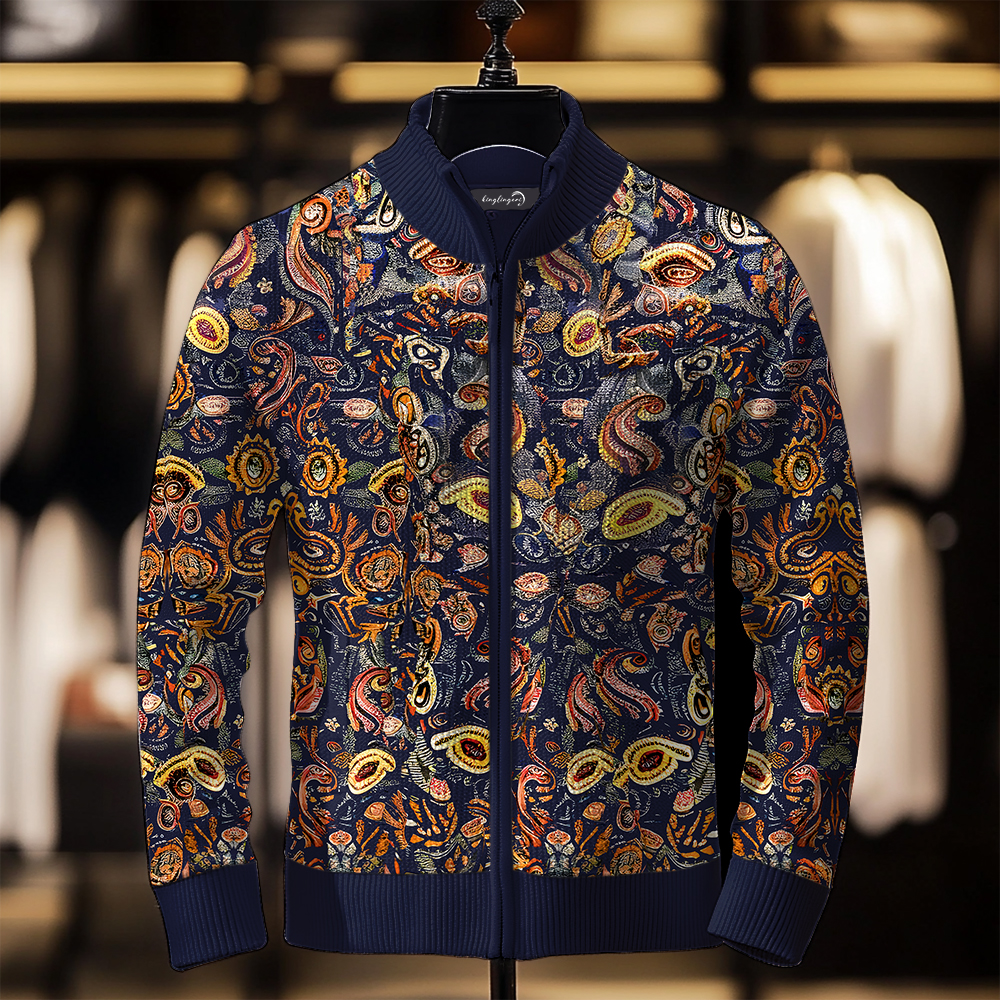 TomsloverPrinted Knit Jacket Stand Collar Zipper Sweatshirt