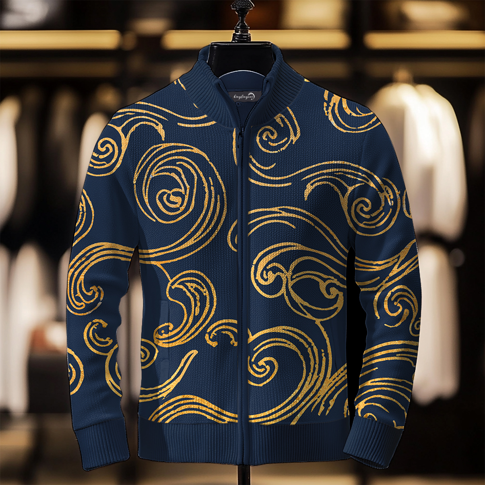 TomsloverPrinted Knit Jacket Stand Collar Zipper Sweatshirt