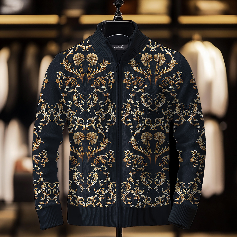 TomsloverPrinted Knit Jacket Stand Collar Zipper Sweatshirt
