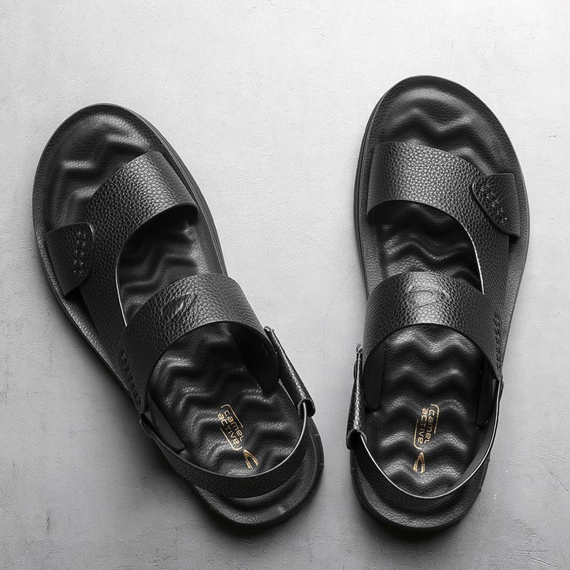 TomsloverSummer genuine leather sandals men's soft sole casual breathable beach shoes slippers