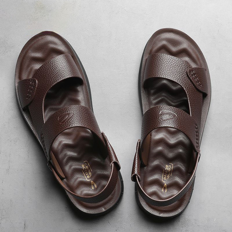 TomsloverSummer genuine leather sandals men's soft sole casual breathable beach shoes slippers