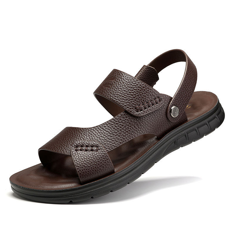 TomsloverSummer genuine leather sandals men's soft sole casual breathable beach shoes slippers