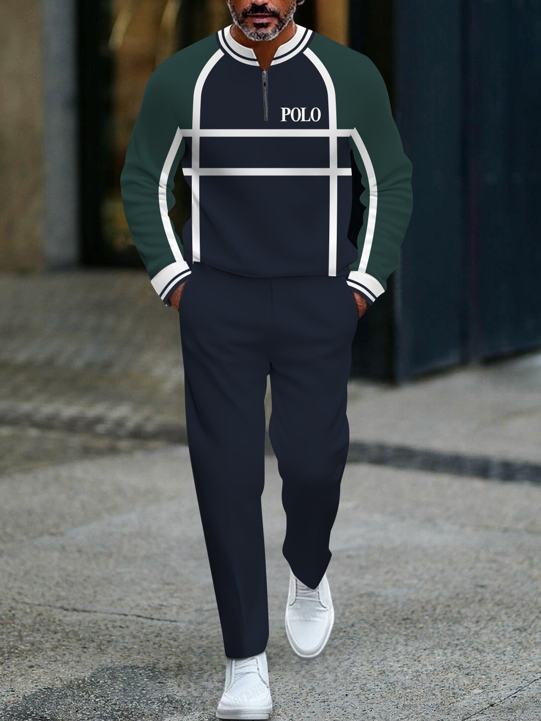 Men's casual  geometric print zipper long-sleeved two-piece set