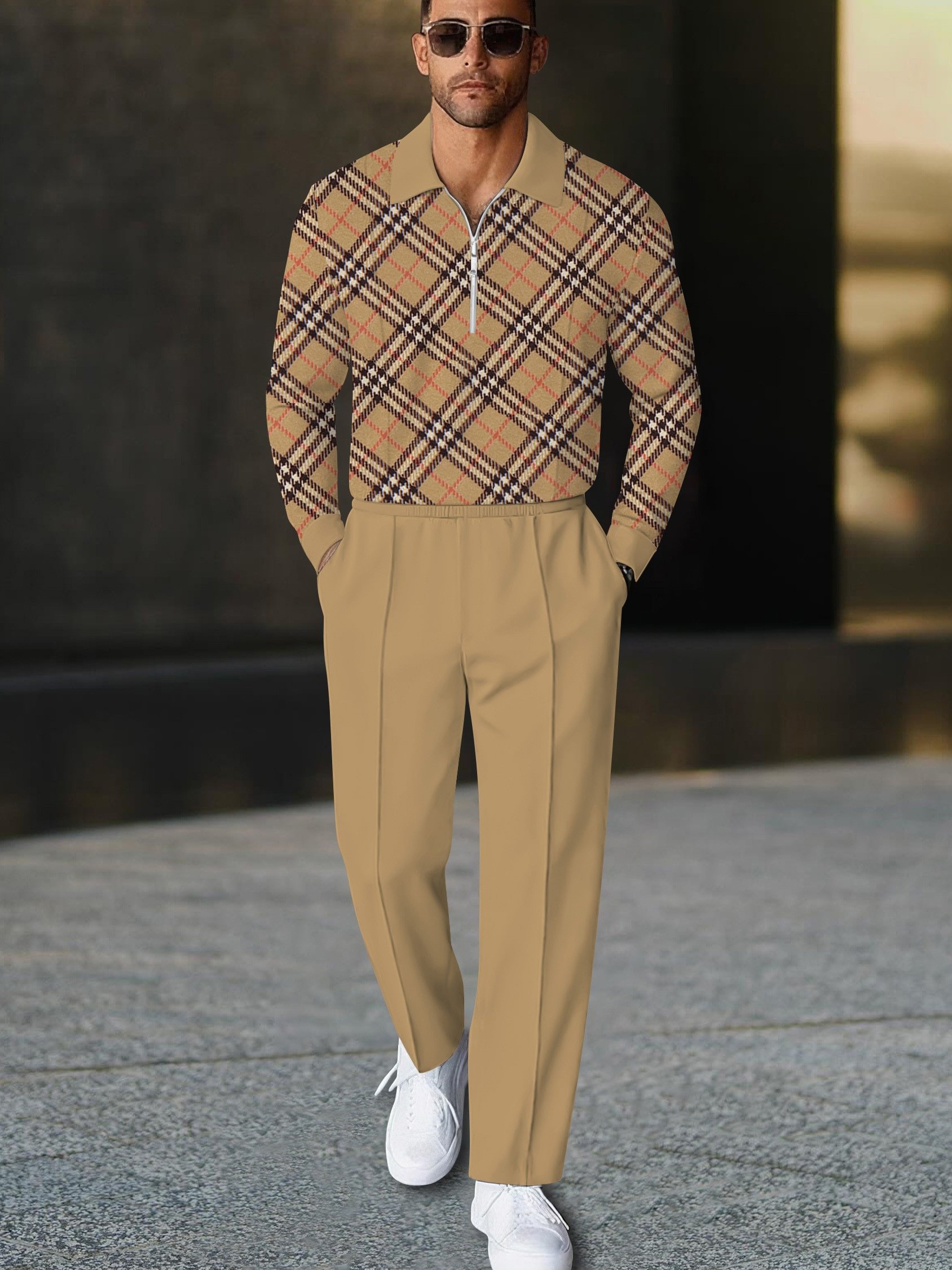 Men's casual  geometric print zipper long-sleeved two-piece set