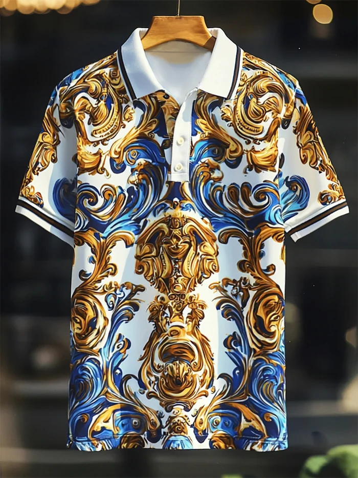 Men's Business Luxury Baroque Art Button Short Sleeve Polo Shirt