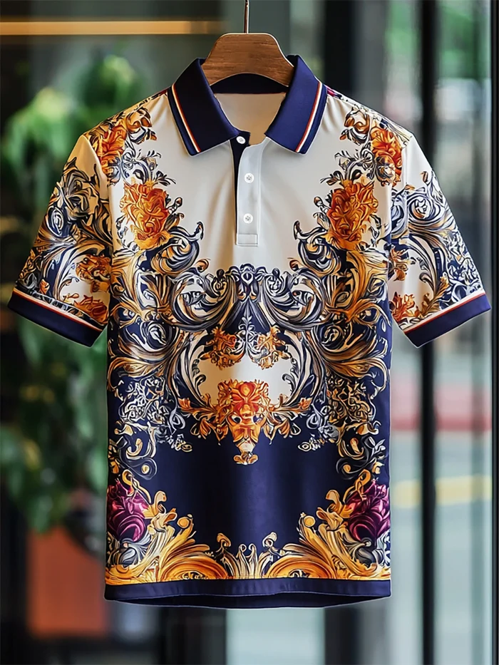 Men's Business Luxury Baroque Art Button Short Sleeve Polo Shirt