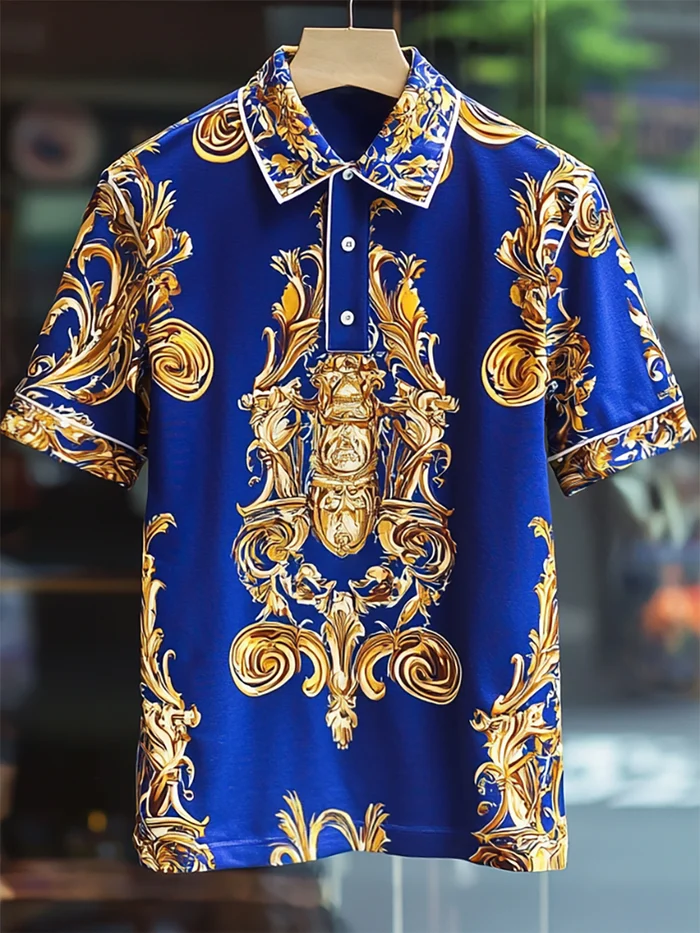 Men's Business Luxury Baroque Art Button Short Sleeve Polo Shirt