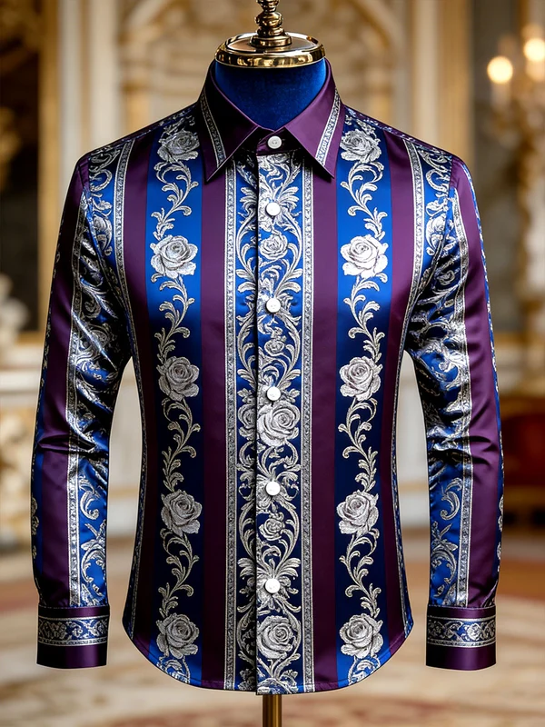 Self-designed business casual shirt Men's Satin Luxe Floral Print Long Sleeve Button-Down Shirt